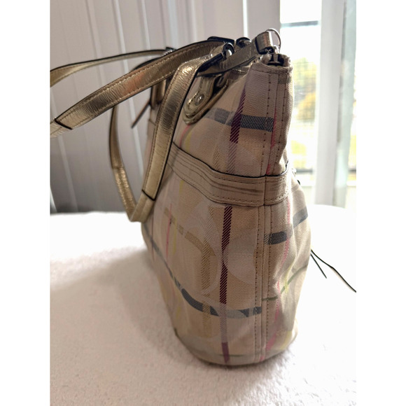 Coach Bag Poppy Glam Tote Tattersall Lurex Sequin Signature Metallic golden Sz-M - Picture 14 of 15